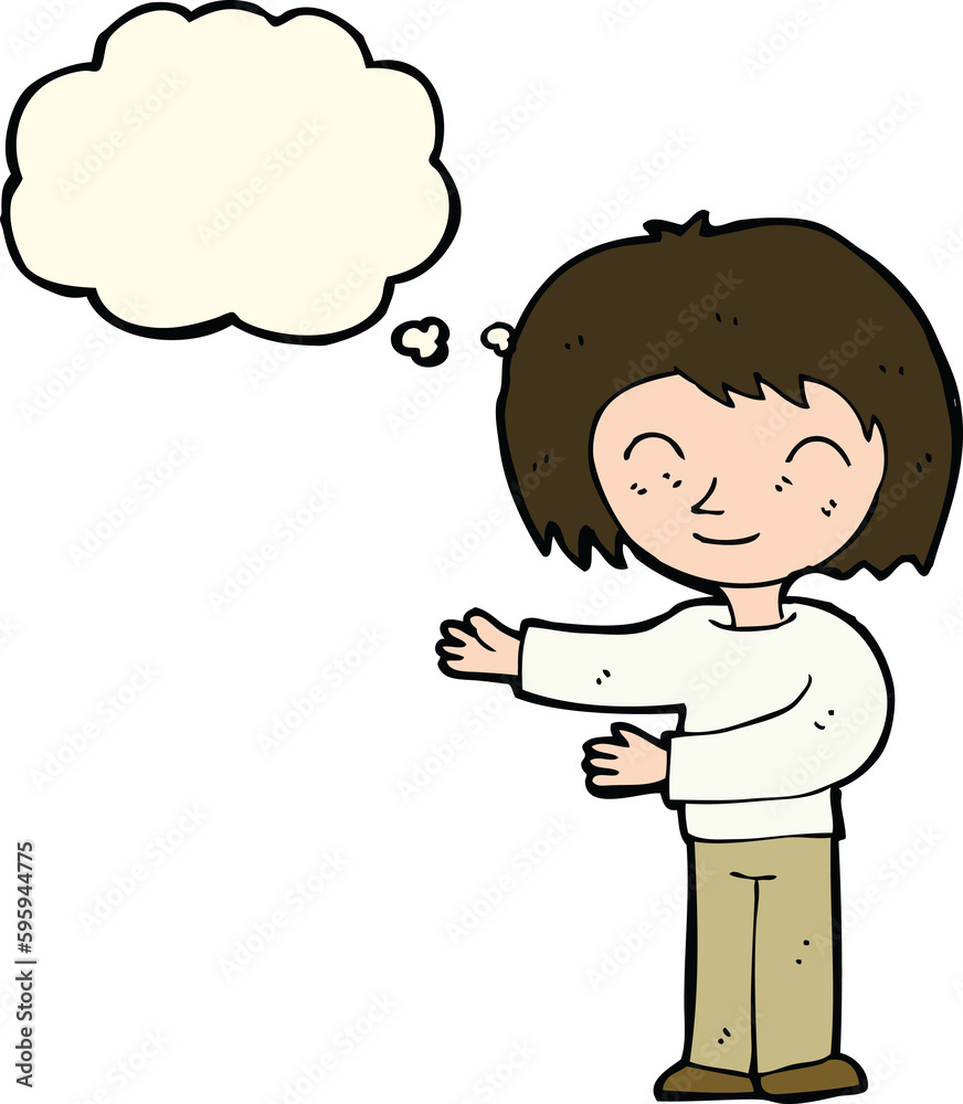 cartoon woman gesturing welcome with thought bubble cartoon woman gesturing welcome with thought bubble