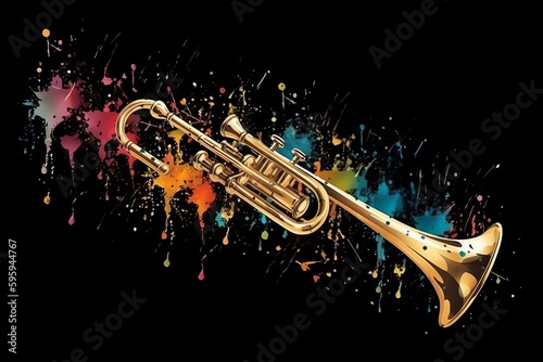 Colorful brass trumpets splash in illustration on black background  in a horizontal banner. Generative AI