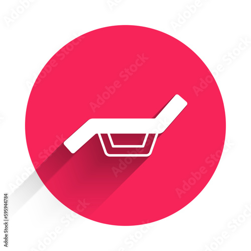 White Sunbed icon isolated with long shadow. Sun lounger. Red circle button. Vector