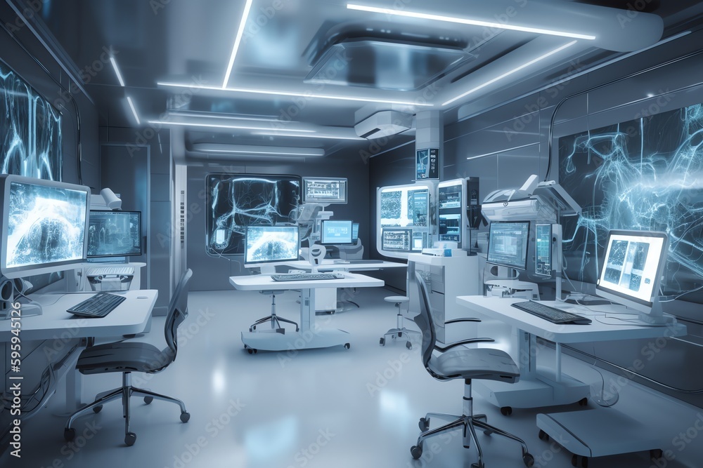 Modern clinic operating room with computer equipment and neural network art. Generative AI Modern clinic operating room with computer equipment and neural network art. Generative AI
