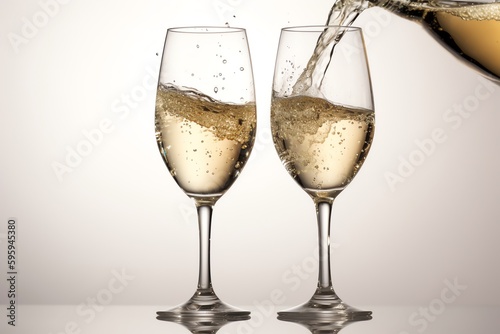 Two Champagne Glasses Toasting, White Background. Generative AI