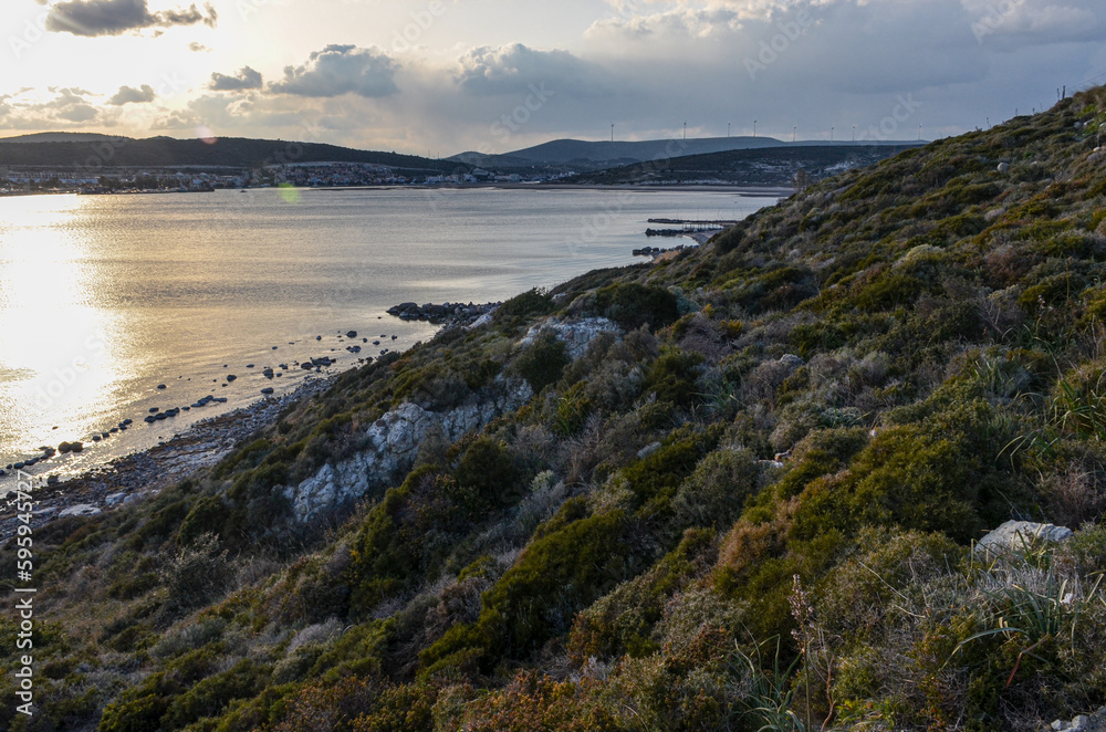 scenic view of Yumru Koyu Bay and Alacati Marina near Cesme (Izmir province, Turkey)