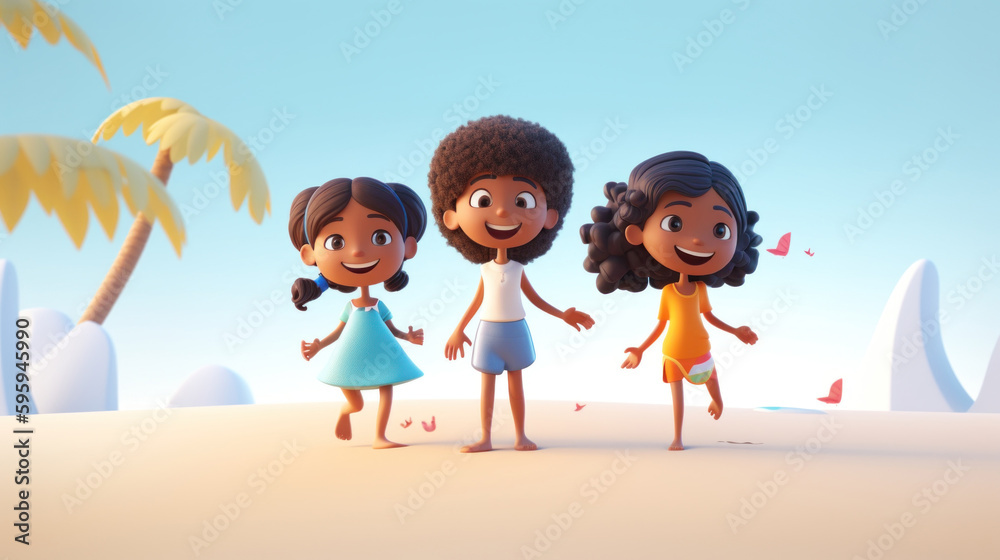 Children playing on the sandy shore. Generative AI Children playing on the sandy shore. Generative AI