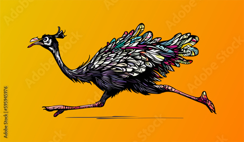 Colored vector  inked style ostrich wall art