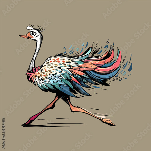 Colored vector  inked style ostrich wall art photo