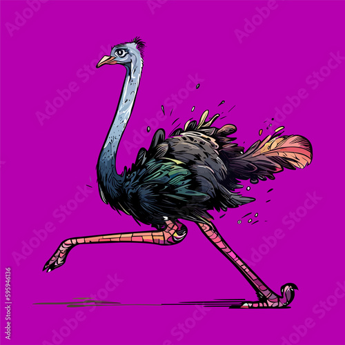 Colored vector  inked style ostrich wall art