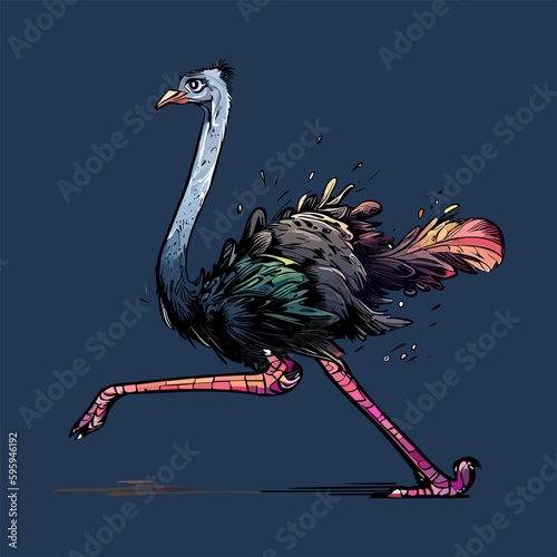 Colored vector  inked style ostrich wall art