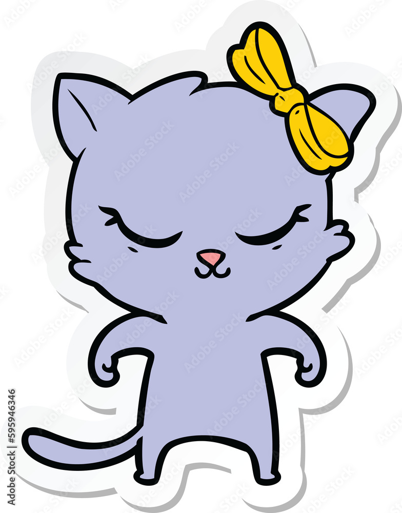 sticker of a cute cartoon cat with bow