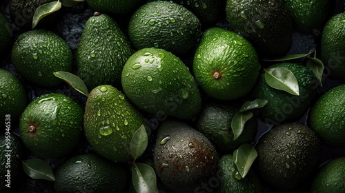 Top down view of fresh avocados with waterdrops. AI Generative Art.