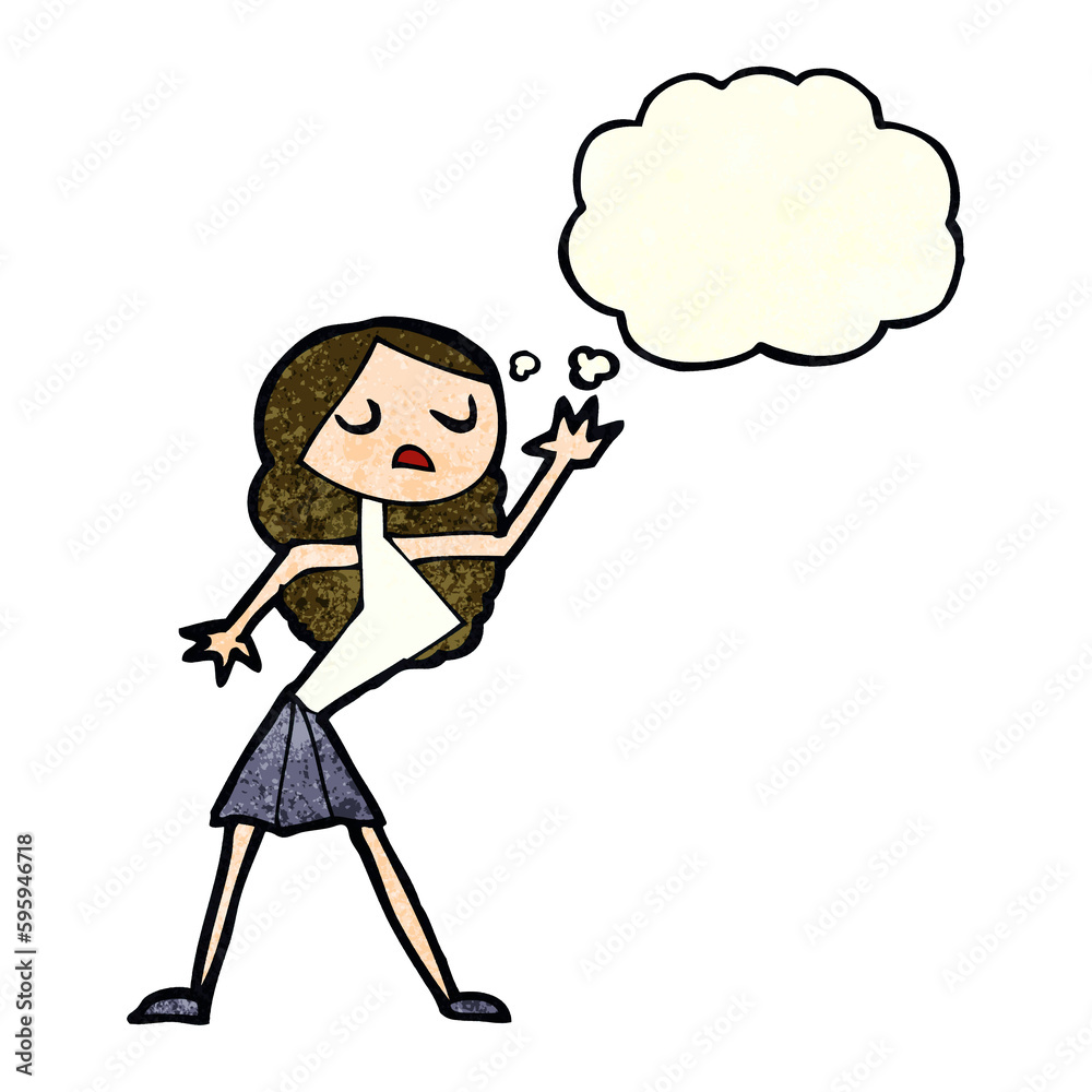 cartoon woman dancing with thought bubble