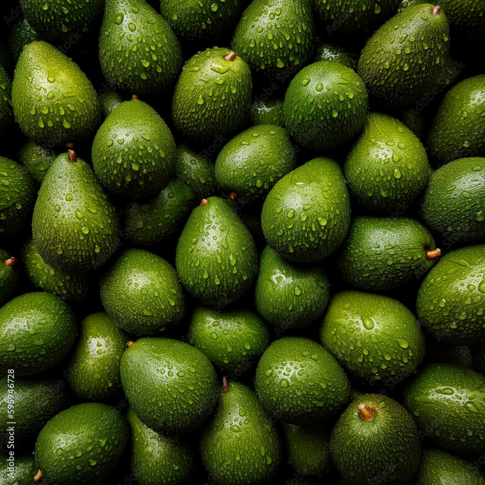 Top down view of fresh avocados with waterdrops. AI Generative Art. Top down view of fresh avocados with waterdrops. AI Generative Art.