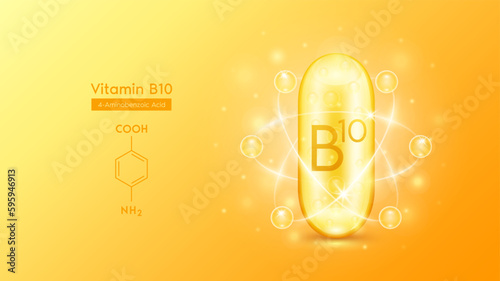 Gold oil capsule vitamin B10 or 4-Aminobenzoic acid structure chemical formula. Pill multivitamin complex with bubble collagen serum radius ring surround. Skincare cosmetics nutrition design. Vector.
