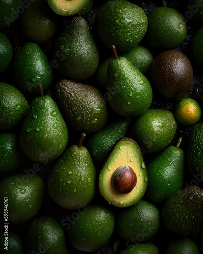 Top down view of fresh avocados with waterdrops. AI Generative Art.