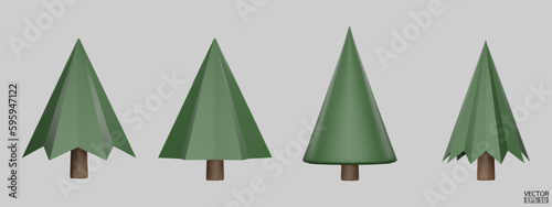 Set of pine trees isolated on background. 3D tree for landscape design, Garden, and park green tree. Icons for city maps, and games. Cartoon forest plants collection. 3d render vector illustration.