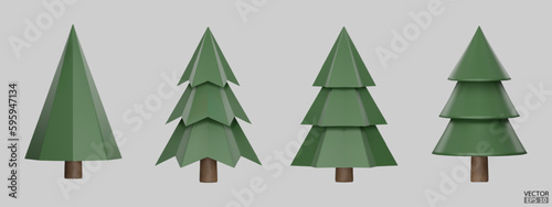 Set of pine trees isolated on background. 3D tree for landscape design, Garden, and park green tree. Icons for city maps, and games. Cartoon forest plants collection. 3d render vector illustration.