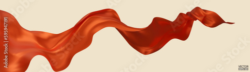Flying orange silk textile fabric flag background. Smooth elegant orange Satin Isolated on beige Background for grand opening ceremony. Orange curtain. 3d vector illustration.