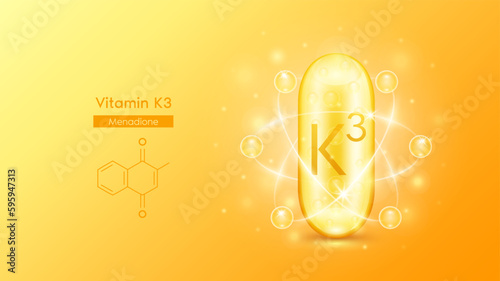 Gold oil capsule vitamin K3 and structure chemical formula. Pill multivitamin complex with bubble collagen serum radius ring surround. Skincare cosmetics nutrition design. Medical concepts. 3D Vector. photo