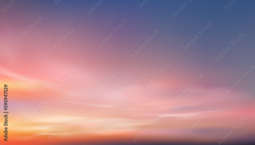 Sunset Sky Background,Sunrise with clouds,Nature Landscape Golden Hour with twilight Sky in Evening ,Vector Horizon Banner Sunlight for Four Seasons concept