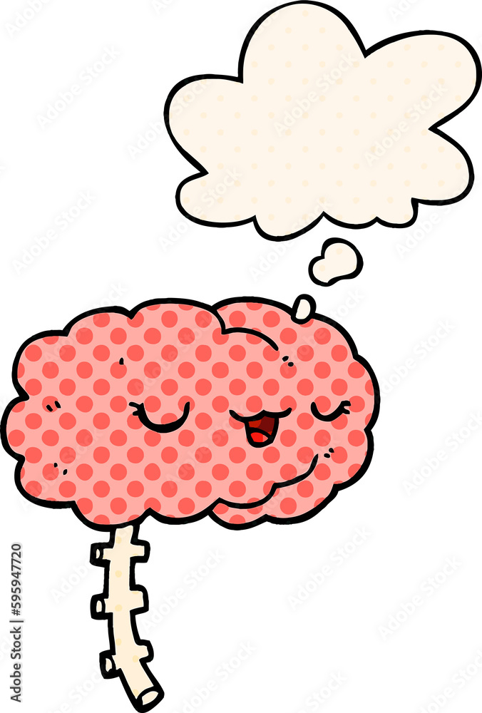happy cartoon brain with thought bubble in comic book style