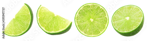 Valokuva Fresh lime slice and half isolated, transparent png, collection, PNG format, cut