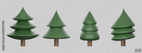 Set of pine trees isolated on background. 3D tree for landscape design, Garden, and park green tree. Icons for city maps, and games. Cartoon forest plants collection. 3d render vector illustration.