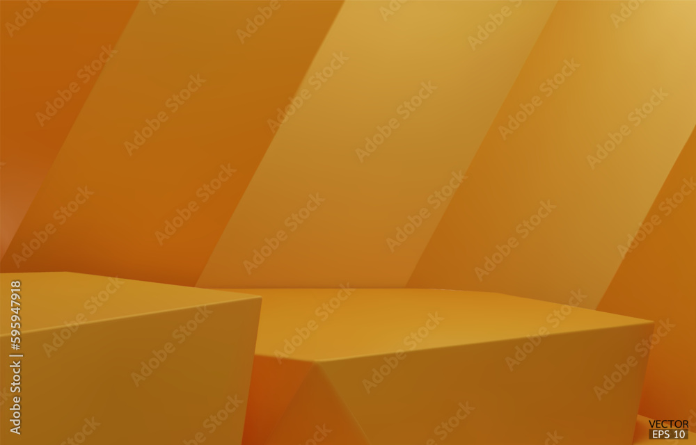 3D geometric 2 step podium. Yellow hexagon cube, Square podium in yellow background. Concept scene stage showcase, product, promotion sale, banner, presentation, cosmetic. 3D vector illustration. 3D geometric 2 step podium. Yellow hexagon cube, Square podium in yellow background. Concept scene stage showcase, product, promotion sale, banner, presentation, cosmetic. 3D vector illustration.