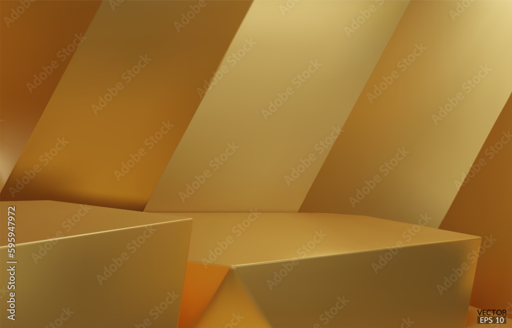 3D geometric 2 step podium. Golden hexagon cube, Square podium in gold background. Concept scene stage showcase, product, promotion sale, banner, presentation, cosmetic. 3D vector illustration. 3D geometric 2 step podium. Golden hexagon cube, Square podium in gold background. Concept scene stage showcase, product, promotion sale, banner, presentation, cosmetic. 3D vector illustration.
