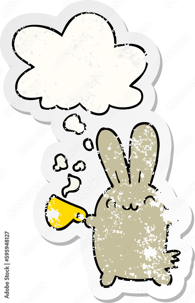 cute cartoon rabbit drinking coffee with thought bubble as a distressed worn sticker