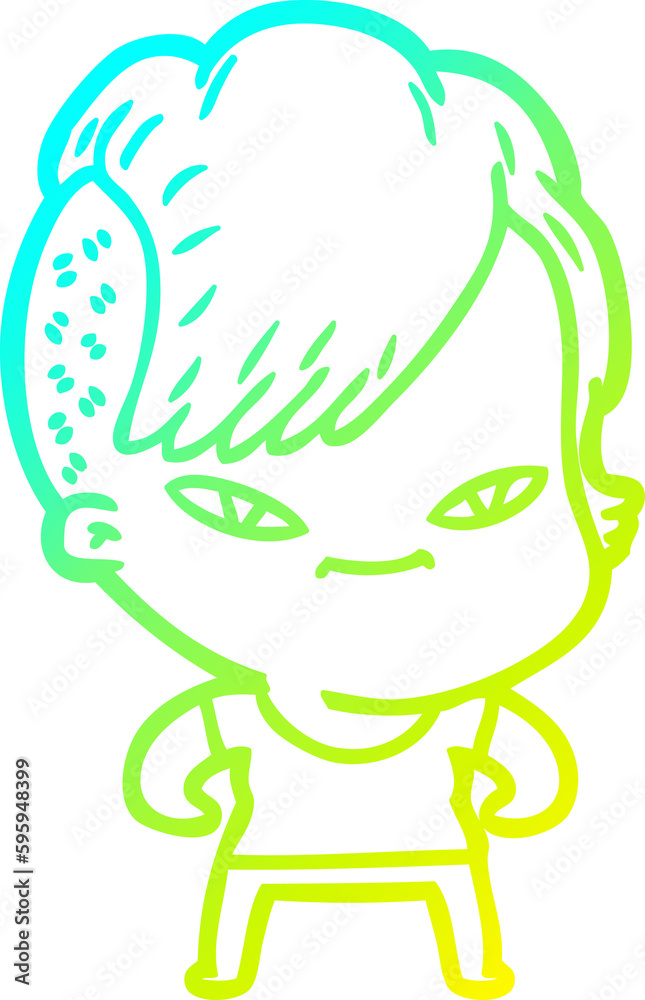 cold gradient line drawing of a cute cartoon girl with hipster haircut cold gradient line drawing of a cute cartoon girl with hipster haircut
