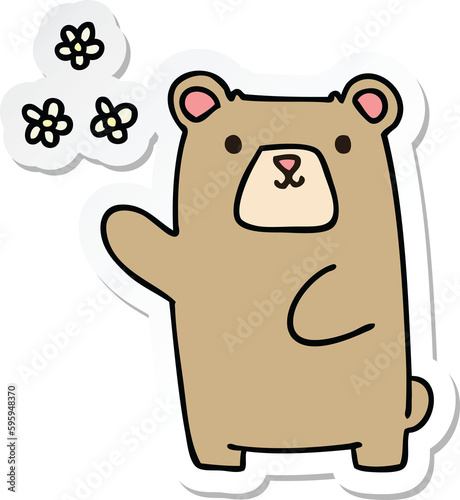 sticker of a quirky hand drawn cartoon bear and flowers