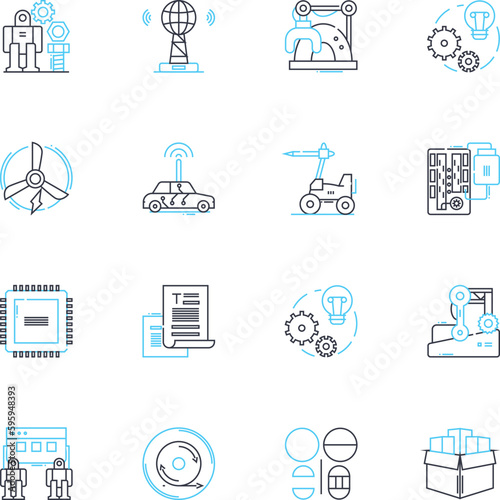 mechanical modeling linear icons set. Simulation, Analysis, Design, Optimization, Flexibility, Dynamics, Materials line vector and concept signs. Performance,Accuracy,Precision outline illustrations