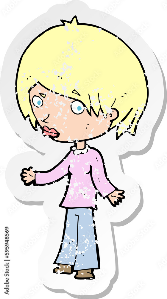 retro distressed sticker of a cartoon confused woman retro distressed sticker of a cartoon confused woman