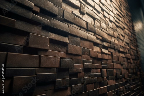 Polished 3D rectangular mosaic tiles stacked in brick-like pattern to build a concrete block wall. Rendered in 3D. Generative AI