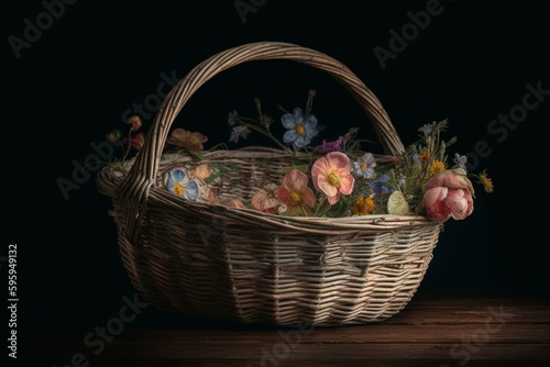 Floral basket painted with watercolours. Generative AI