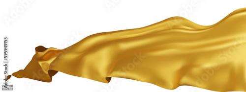 Flying gold silk textile fabric flag background. Smooth elegant golden Satin Isolated on white Background for grand opening ceremony. Gold curtain. 3d vector illustration.