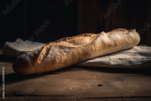 Baguette on a rustic wooden surface. Generative AI
