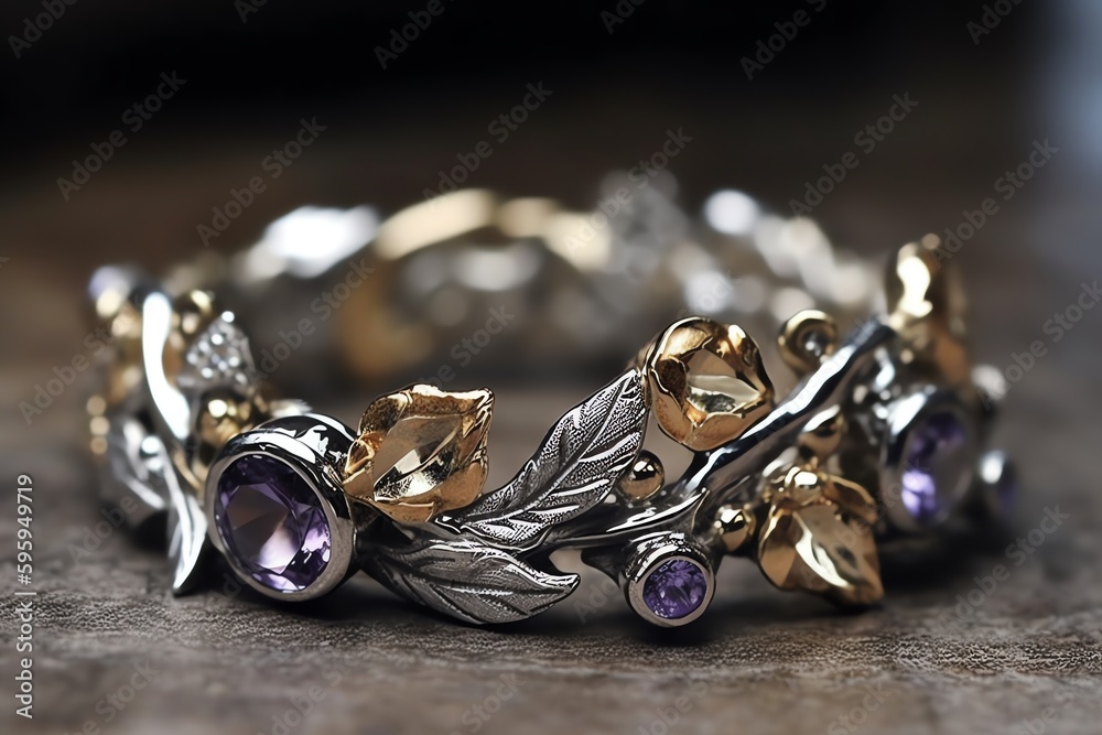 Gold And White Gold Engagement Ring With Diamond Stones, Small Branches And Leaves, And Amethyst. Generative AI Gold And White Gold Engagement Ring With Diamond Stones, Small Branches And Leaves, And Amethyst. Generative AI
