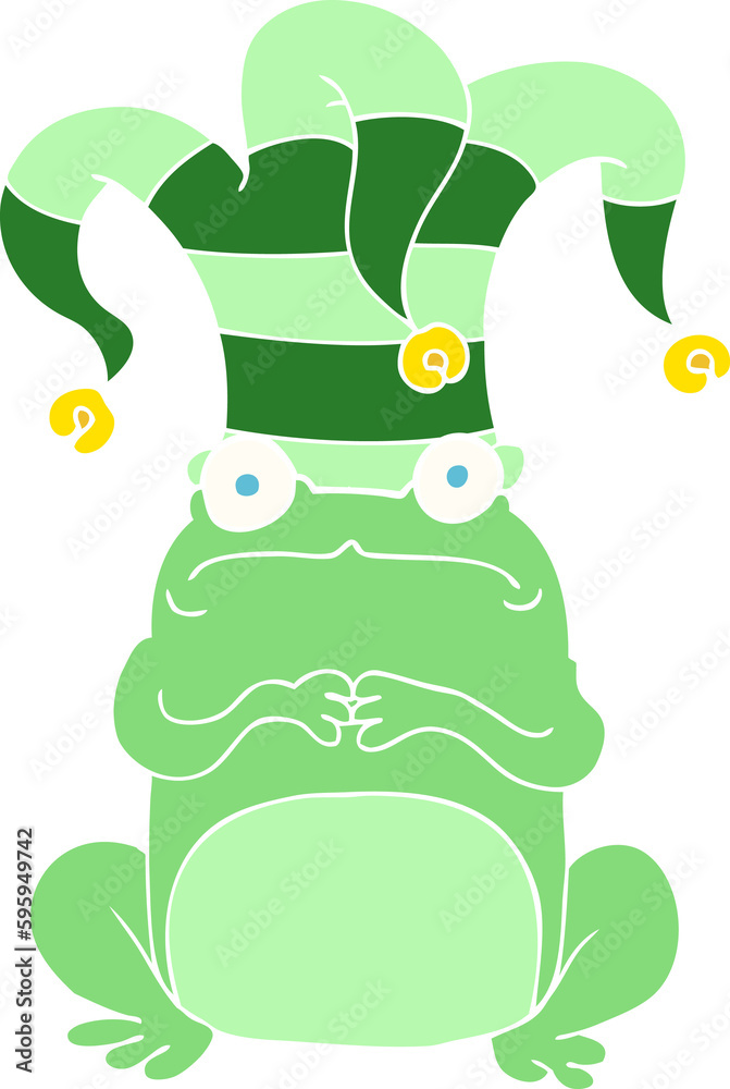 Fototapeta premium flat color illustration of nervous frog wearing jester hat