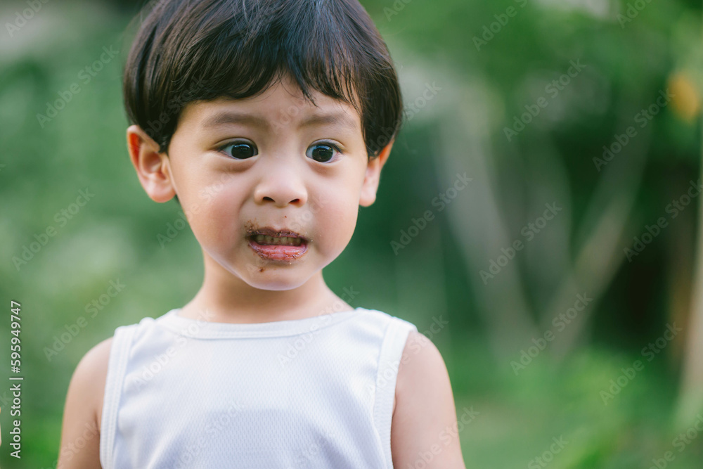 Asia boy he mouth aftertaste from eating chocolate ice cream or chocolate dessert. A sweet-toothed child eat chocolate. Asia boy he mouth aftertaste from eating chocolate ice cream or chocolate dessert. A sweet-toothed child eat chocolate.