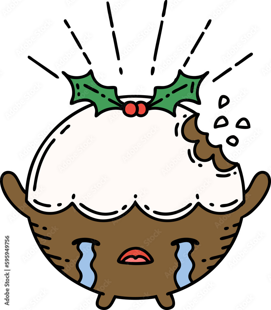 Obraz premium illustration of a traditional tattoo style christmas pudding character crying
