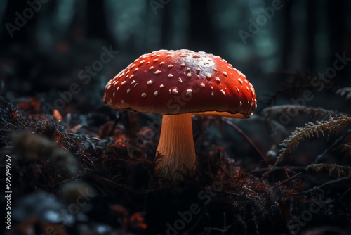 Glowing red mystical mushroom. Generative AI