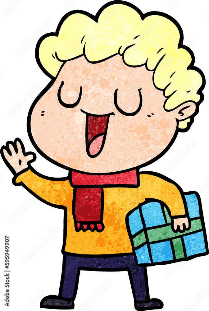 laughing cartoon man with present