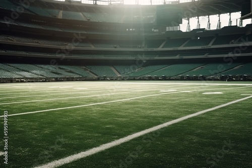 Green field  game ready at midfield in an American football stadium. Generative AI