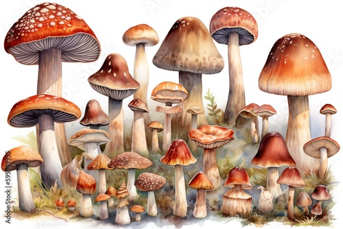 Mushroom collection illustrated in watercolors against a white background. Generative AI
