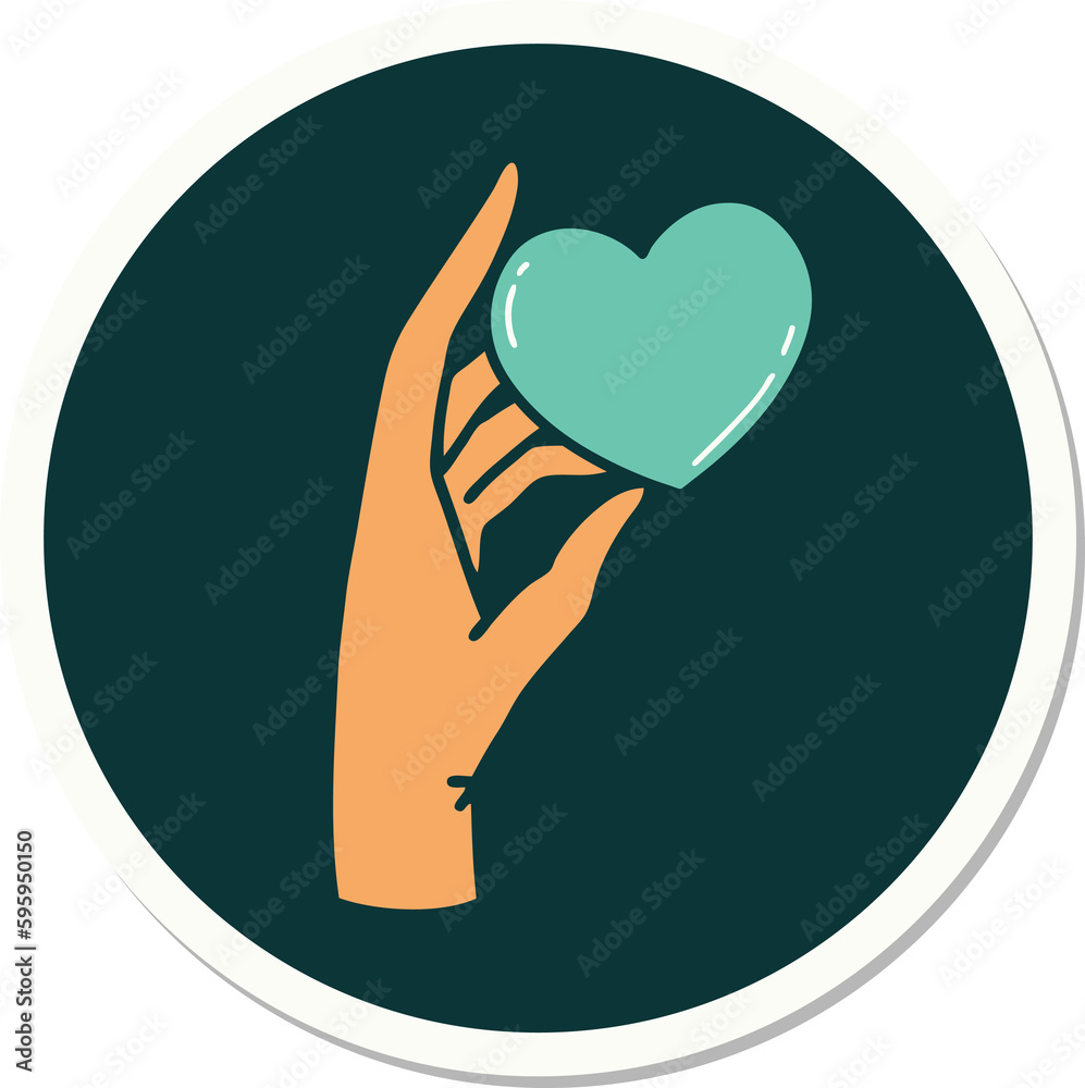 sticker of tattoo in traditional style of a hand holding a heart sticker of tattoo in traditional style of a hand holding a heart
