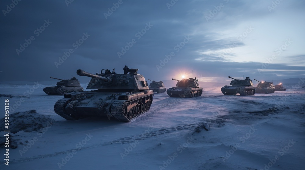 Frozen Wasteland Tanks Navigate Harsh Winter War Environment Generative AI	