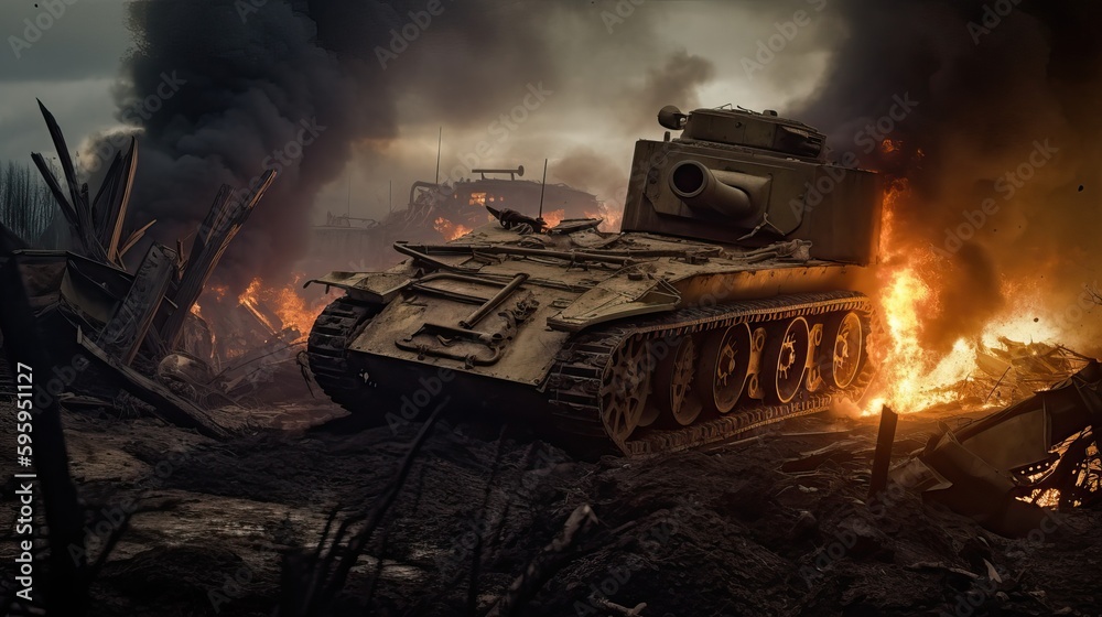 WWI Tank Ruins Battle-Scarred Landscape Abandoned War Machine Generative AI	