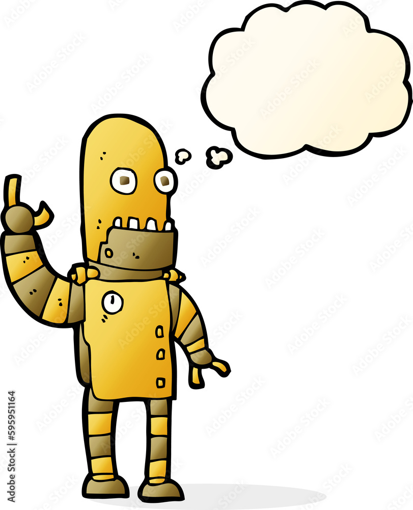 cartoon waving gold robot with thought bubble