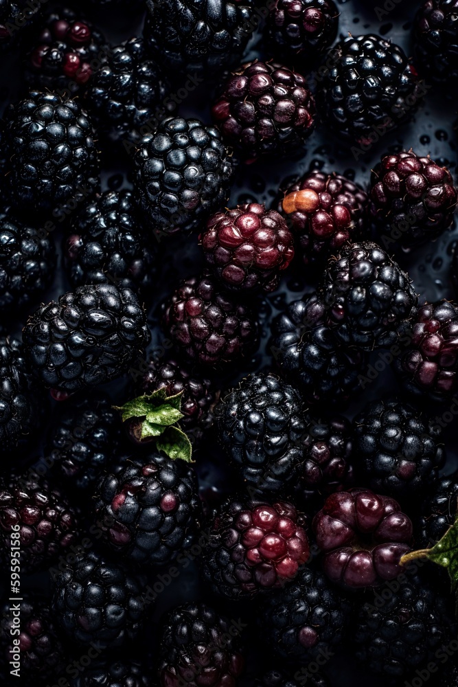 Top down view of fresh blackberries with waterdrops. AI Generative Art. Top down view of fresh blackberries with waterdrops. AI Generative Art.