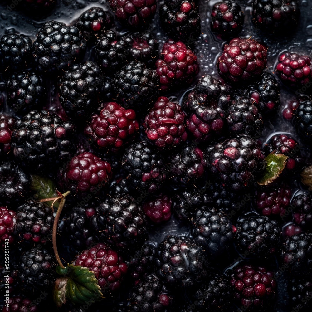 Top down view of fresh blackberries with waterdrops. AI Generative Art. Top down view of fresh blackberries with waterdrops. AI Generative Art.